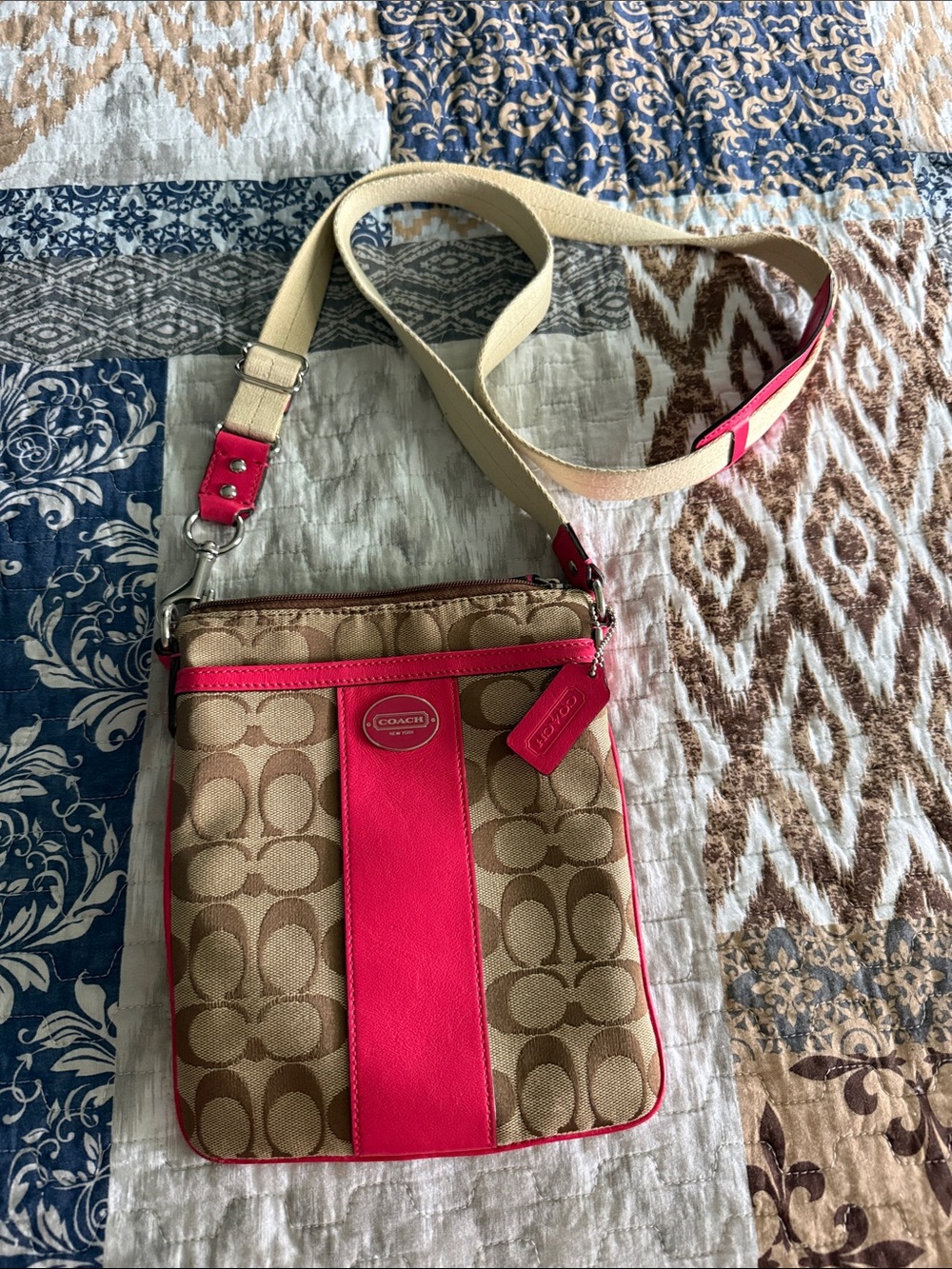 Coach Khaki Canvas Crossbody with Bright Pink Trim